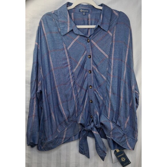 Democracy Women's Blue Plaid Tie Front Blouse Size 2X New With Tags - Picture 2 of 16